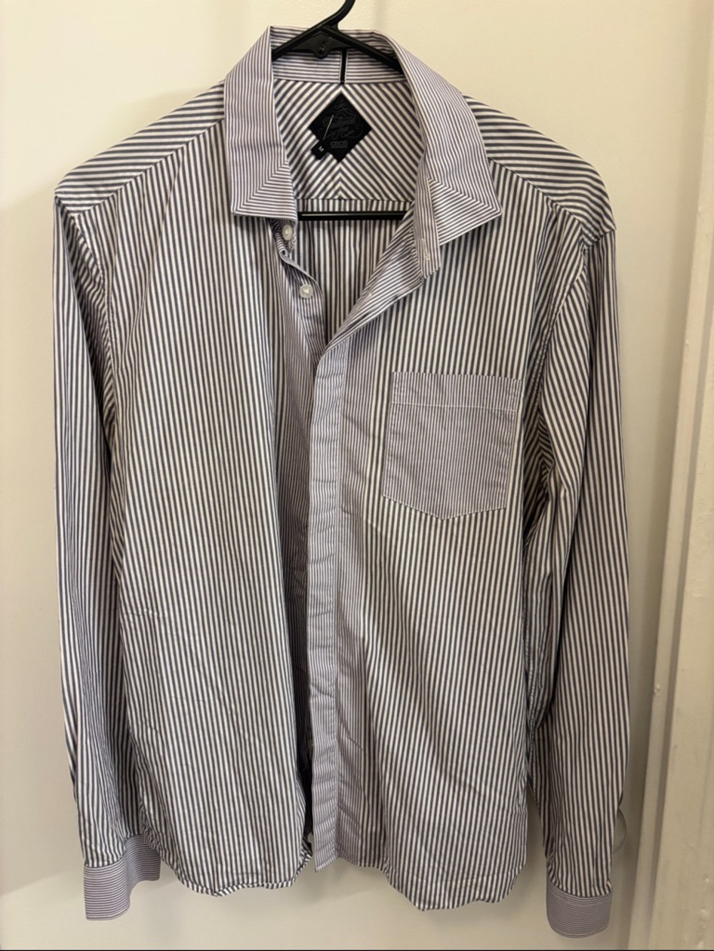 ASOS Men's Navy and White Striped Dress Shirt - Classic Button-Down